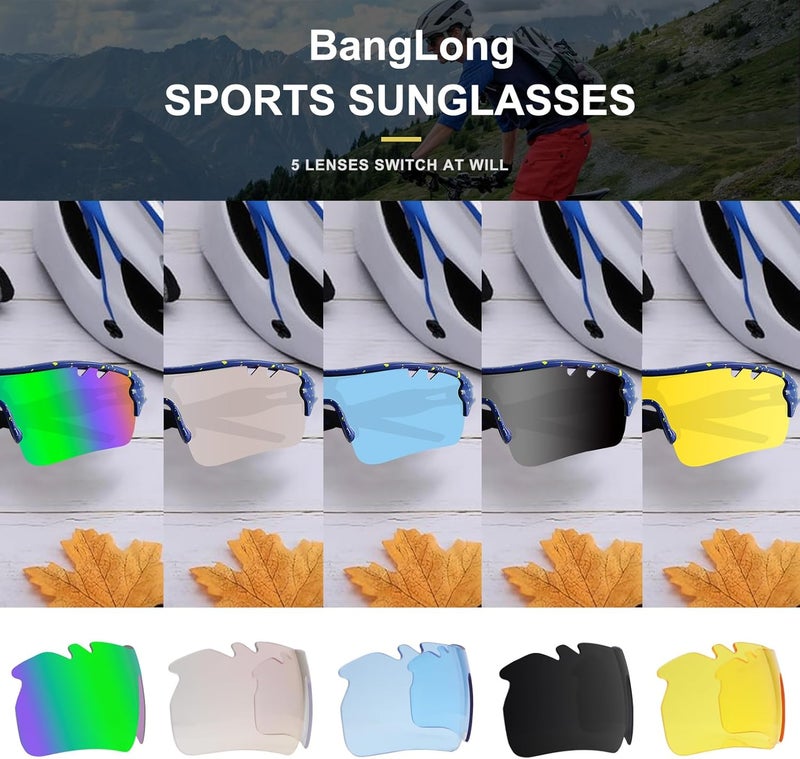 BangLong Polarized Sports Sunglasses Cycling Sun Glasses for Men Women with 5 Interchangeable Lenes for Running Baseball Golf - Image 2